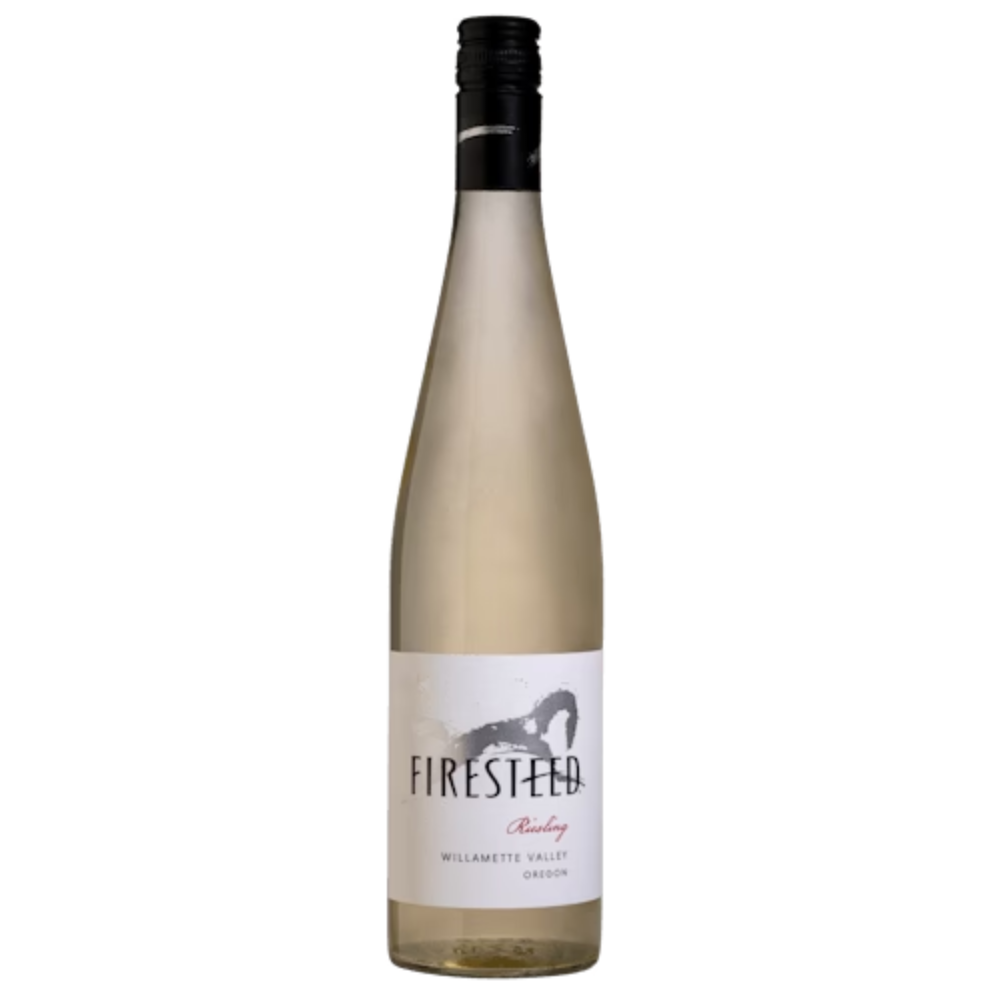 A bottle of 2021 Firesteed Riesling wine from Oregon. The label shows the brand name and the wine variety with a backdrop of a white and green color scheme.

