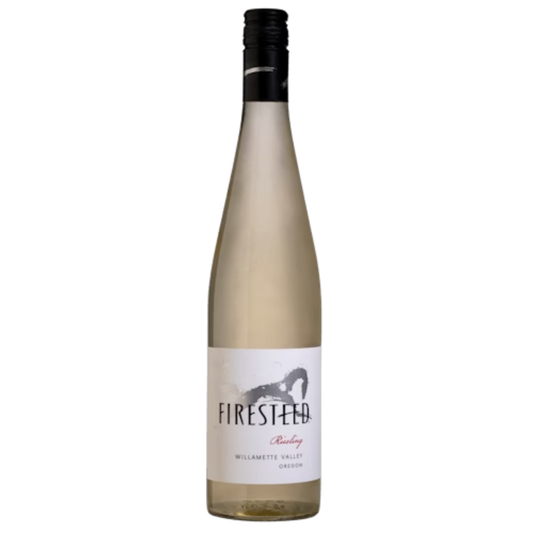 A bottle of 2021 Firesteed Riesling wine from Oregon. The label shows the brand name and the wine variety with a backdrop of a white and green color scheme.

